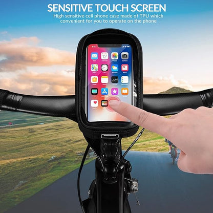 ROCKBROS Bike Phone Mount Bag Bike Front Frame Handlebar Bag Waterproof Bike Phone Holder Case Bicycle Accessories Pouch Sensitive Touch Screen Compatible with iPhone Below 6.5"