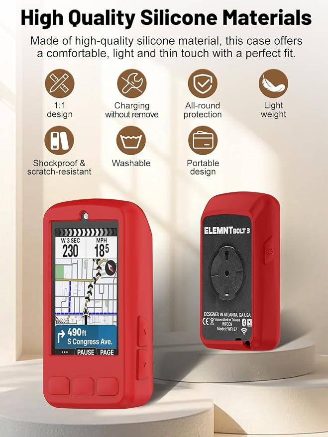Silicone Protective Case for Wahoo ELEMNT Bolt V3 Cycling Computer, Full-Body Protective Cover with Precise Cutout, Shockproof Dustproof Protector Sleeve & Scratch-Resistant Sleeve (Red)