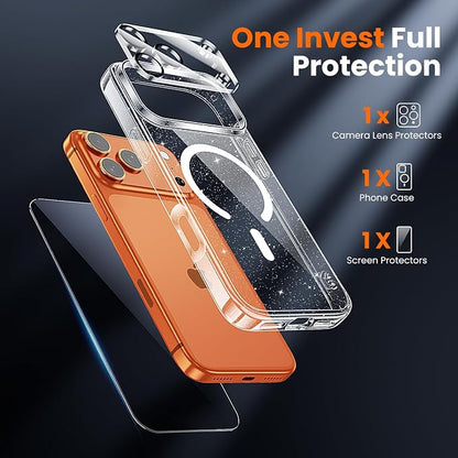 3 in 1 for iPhone 17 Pro Case Clear Glitter,Fits MagSafe, Not Yellowing, Screen Protector*1 Camera Lens Protector*1, Military-Grade Protection for Phone Cover 6.3 inch