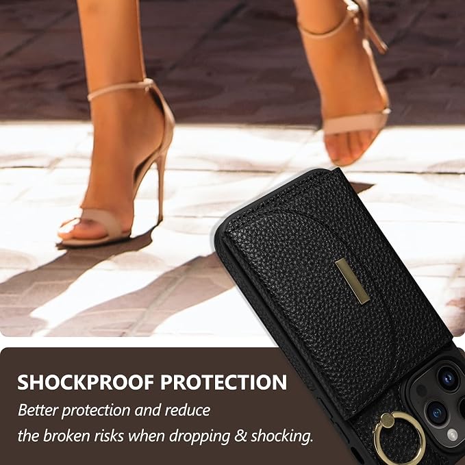 Keallce Wallet Case for iPhone 14 Pro 6.1'', Flip Case with Card Slots, Ring Holder Kickstand, PU Leather Protective Folio Cover for Women, Black