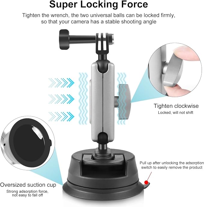 PULUZ Car Suction Cup Mount 360° Rotation Windshield & Window Camera Bracket for GoPro Hero 11 10 9 8 7 Insta360 X3 DJI Action Camera Accessories with Phone Holder with 1/4 Thread