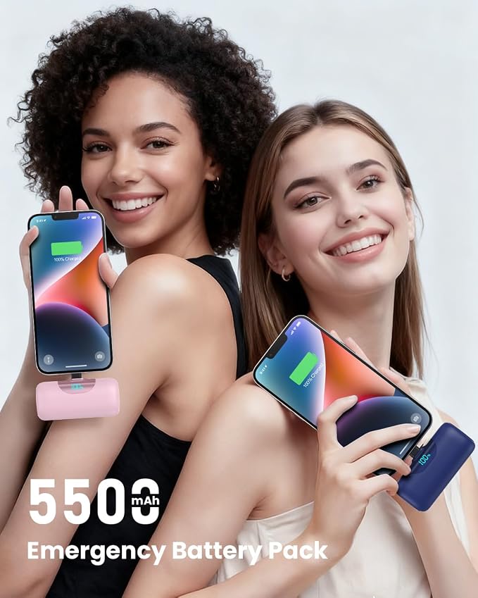 [2-Pack] 5500mAh Portable Charger for iPhone 17/16, LCD Display USB C Mini Power Bank, PD Fast Charging Travel Lipstick Sized Battery Pack for iPhone 17/16/15 Pro Max, Galaxy S25/S24, Pixel(Navy+Pink)