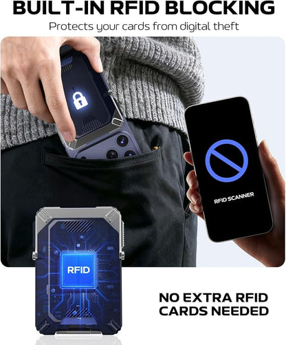 GolbinBox for MagSafe Wallet with Stand, Magnetic Phone Card Holder for Men, Holds 4 Cards with RFID Blocking, Slide-Open Metal Cover, Built-in Kickstand for iPhone 17/16/15/14/13/12 Series, Blue