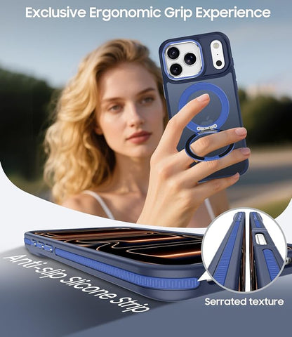 for iPhone 17 Pro Max Case with 360 Magnetic Ring Stand, Fit MagSafe, Military-Grade Shockproof Protection, Non-Slip Slim Translucent Protective Phone Cover, Blue
