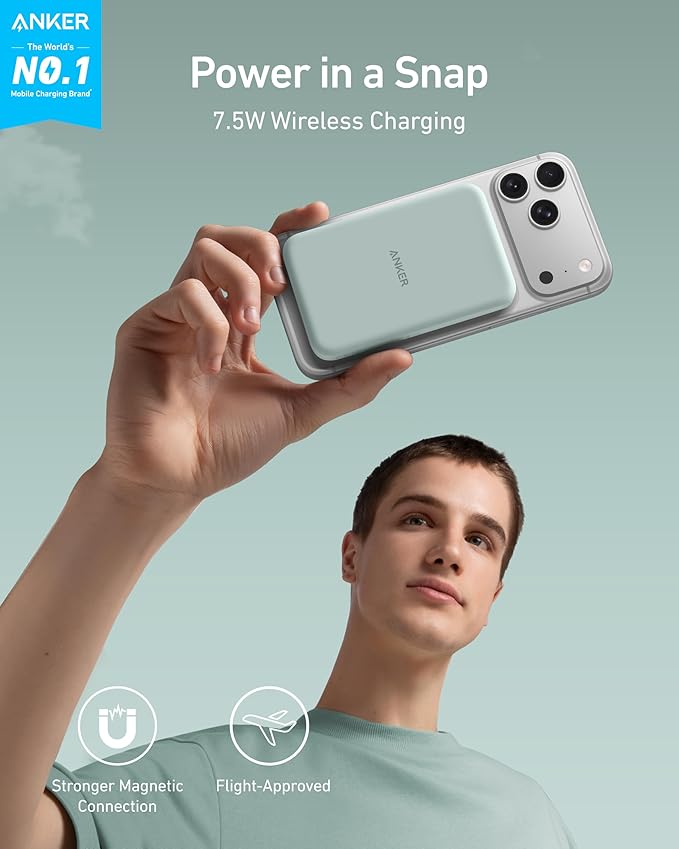 Anker 621 Magnetic Portable Charger (MagGo), 5,000mAh Wireless Power Bank with USB-C Cable, Magsafe-Compatible Battery Pack for iPhone 16/15/14/13/12 Series