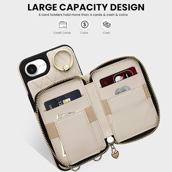 Keallce for iPhone 17e 6.1'' Wallet Case, Crossbody Zipper Purse with Wristlet for Women, RFID Blocking Card Holders, 360° Ring Kickstand Flip Leather Case for iPhone 16e 2025 2026 Beige