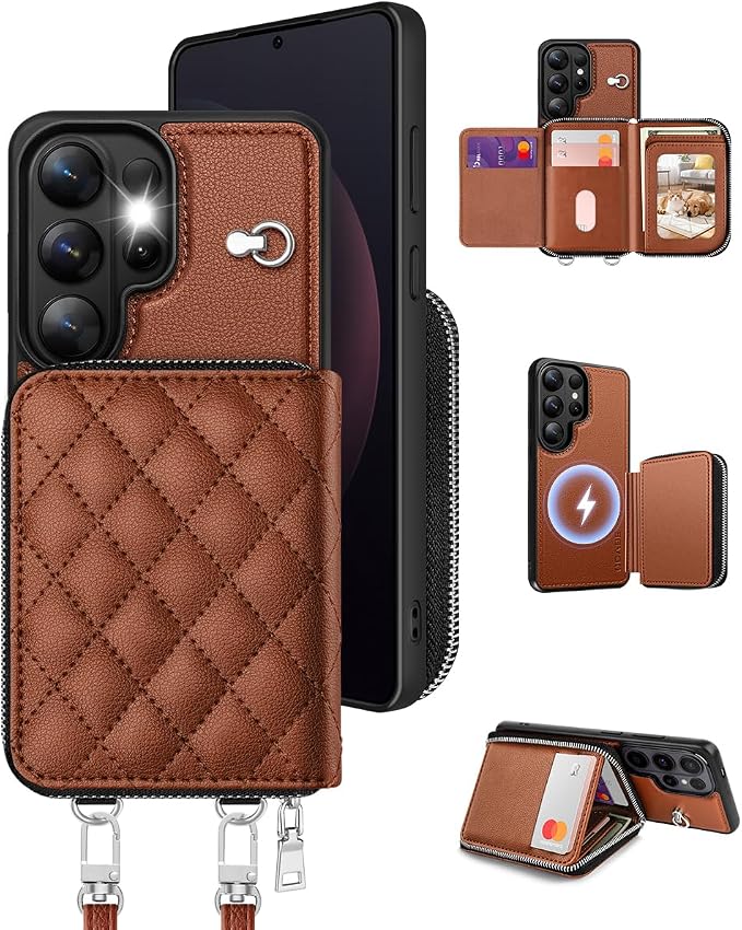 OCASE Compatible with Samsung Galaxy S26 Ultra Crossbody Wallet Case with Card Holder, PU Leather Zipper Handbag Magnetic Phone Purse with RFID Blocking Kickstand Wrist Strap Lanyard, Brown