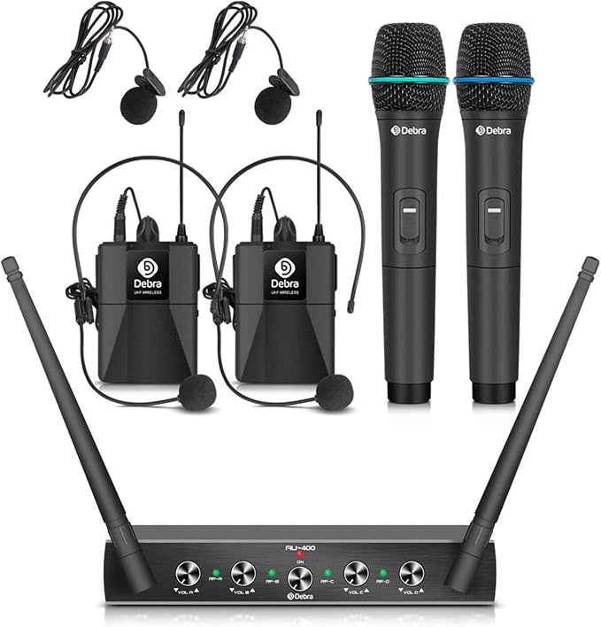 Debra Audio Pro UHF 4 Channel Wireless Microphone System with Cordless Handheld Lavalier Headset Mics, Metal Receiver, Ideal for Karaoke Church Party (with 2 Handheld & 2 Bodypack (A))