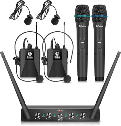 Debra Audio Pro UHF 4 Channel Wireless Microphone System with Cordless Handheld Lavalier Headset Mics, Metal Receiver, Ideal for Karaoke Church Party (with 2 Handheld & 2 Bodypack (A))