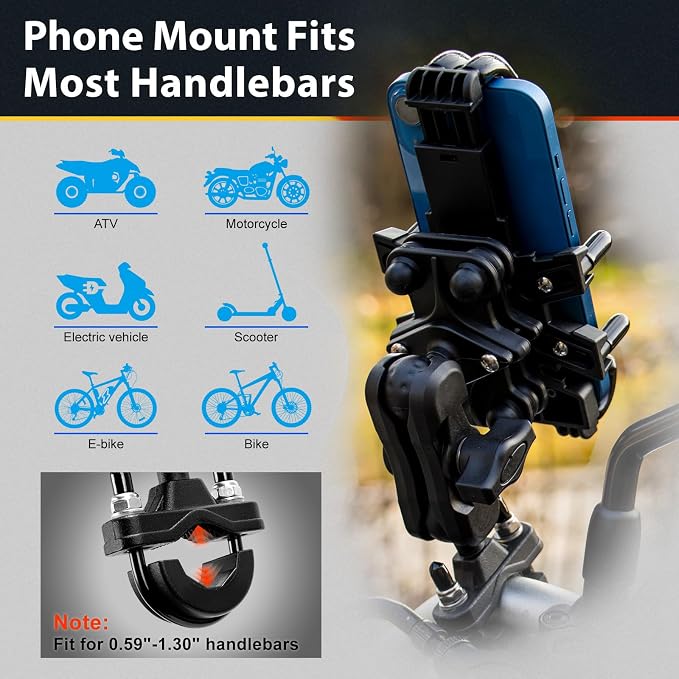 ELVANO Motorcycle Phone Mount Holder: Anti-Shake Phone Mount with Vibration Dampener for 4.7-7.2" Smartphone, Heavy Duty Adjustable Cellphone Clip Fits 0.6-1.3" Handlebar for Bike Bicycle Scooter ATV