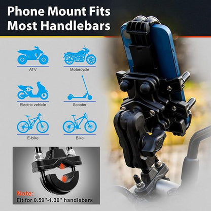 ELVANO Motorcycle Phone Mount Holder: Anti-Shake Phone Mount with Vibration Dampener for 4.7-7.2" Smartphone, Heavy Duty Adjustable Cellphone Clip Fits 0.6-1.3" Handlebar for Bike Bicycle Scooter ATV