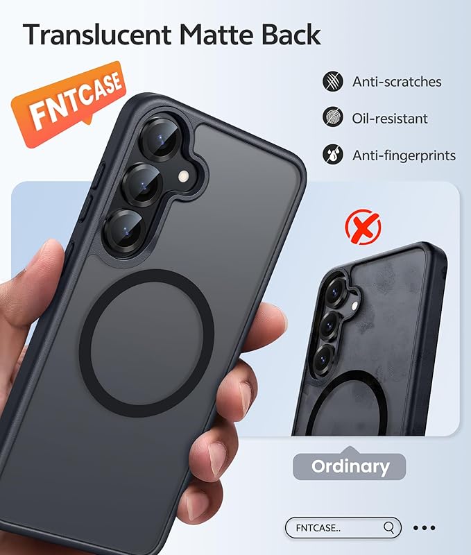 FNTCASE for Samsung Galaxy S25/S24 Case, Fit for Magsafe, Screen Protector | Translucent Matte Magnetic Back, 14FT Military Grade Drop Protection, Shockproof Protective Phone Cover, Black