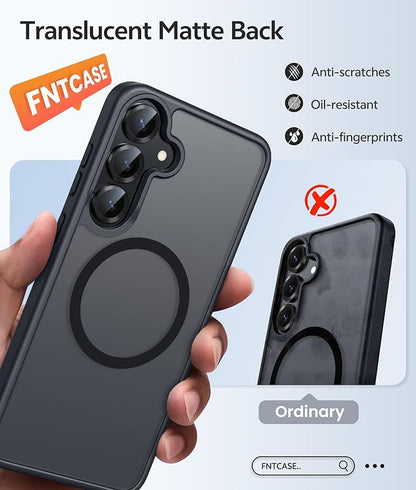 FNTCASE for Samsung Galaxy S25/S24 Case, Fit for Magsafe, Screen Protector | Translucent Matte Magnetic Back, 14FT Military Grade Drop Protection, Shockproof Protective Phone Cover, Black
