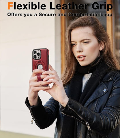for iPhone 13 Pro Leather Case with Stand, Anti-Slip Grip Ring, Fits for MagSafe (Burgundy, iPhone 13 Pro)