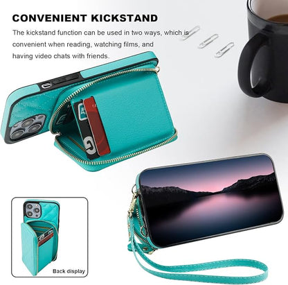 Bocasal Crossbody Wallet Case for iPhone 14 Pro Max, RFID Blocking PU Leather Zipper Handbag Purse Flip Cover, Kickstand Folio Case with Card Slots Holder Wrist Strap Lanyard 5G 6.7 Inch (Mint Green)