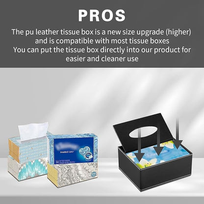 Multifunction PU Leather Tissue Box Cover Rectangular Upgrade Large Size Stationery Napkin Remote Control Holder Storage Box,Facial Tissue Dispenser Desk Organizer Caddy Home Office Supplies (Black)