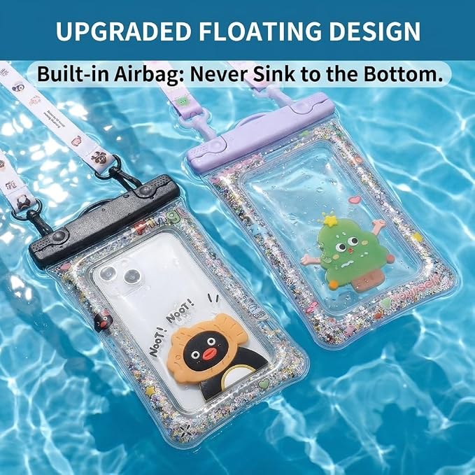 2 Pack Floating Waterproof Phone Pouch, Cute Cartoon IPX8 Dry Bag with Airbag & Adjustable Lanyard, Beach Cruise Ship Travel Essentials for iPhone 17 16 15 Pro Max, Samsung S26 - Black/Purple