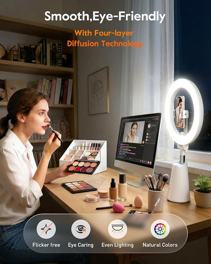 11" True-Color Desk Ring Light with Stand & Dual Phone Holders – CRI 98+ Soft Desk Selfie Light, 224 LEDs, 4 Color Modes, Touch Control for Makeup, Live Streaming, Video Recording, Zoom Calls&TikTok