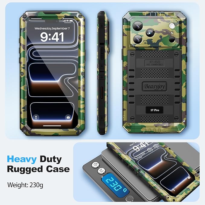 Beasyjoy for iPhone 17 Pro Case Waterproof, Heavy Duty Metal Full Body Protection, Built-in Screen Protector, Military Grade Shockproof Dustproof Rugged Cover for iPhone 17 Pro 6.3", Camo