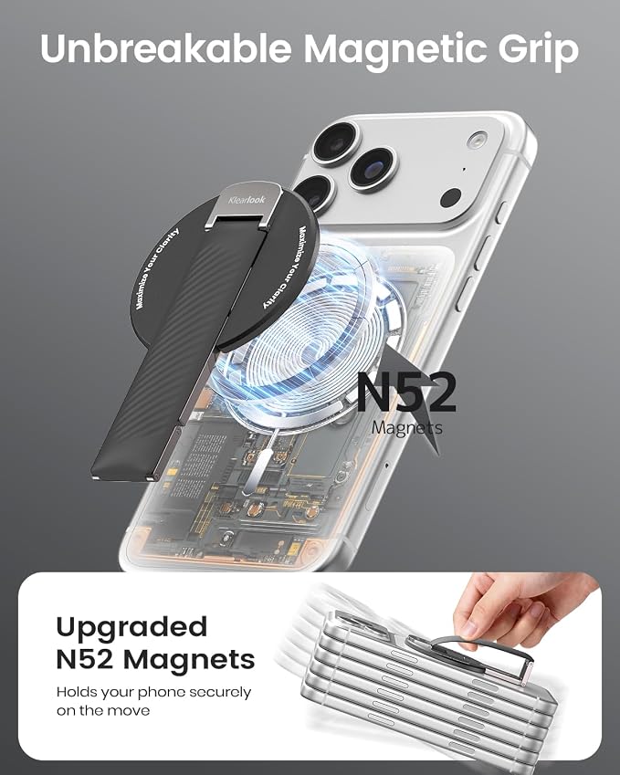 2026 Klearlook for MagSafe Phone Grip with Silicone Finger Strap, Removable Magnetic Phone Ring Holder with Adjustable Kickstand, Finger Phone Ring Grip for iPhone 17/16/15/14/13/12 Series, Black