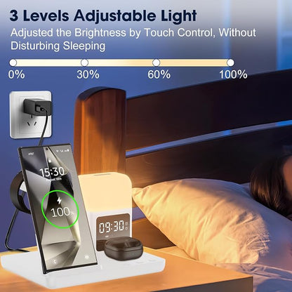 Wireless Charger for Samsung/Android,6 in 1 Alarm Clock Charging Station for Bedrooms with Bedside Clock Night Light for Samsung S25/S24/S23 Ultra/Buds,Watch Charger only for Galaxy Watch 8/7/6-White