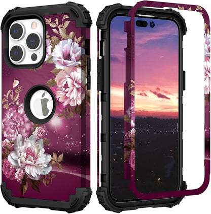 Hocase for iPhone 14 Pro Max Case, Heavy Duty Shockproof Protection Soft Silicone Rubber+Hard Plastic Bumpers Hybrid Protective Case for iPhone 14 Pro Max 2022 - Royal Purple Flowers