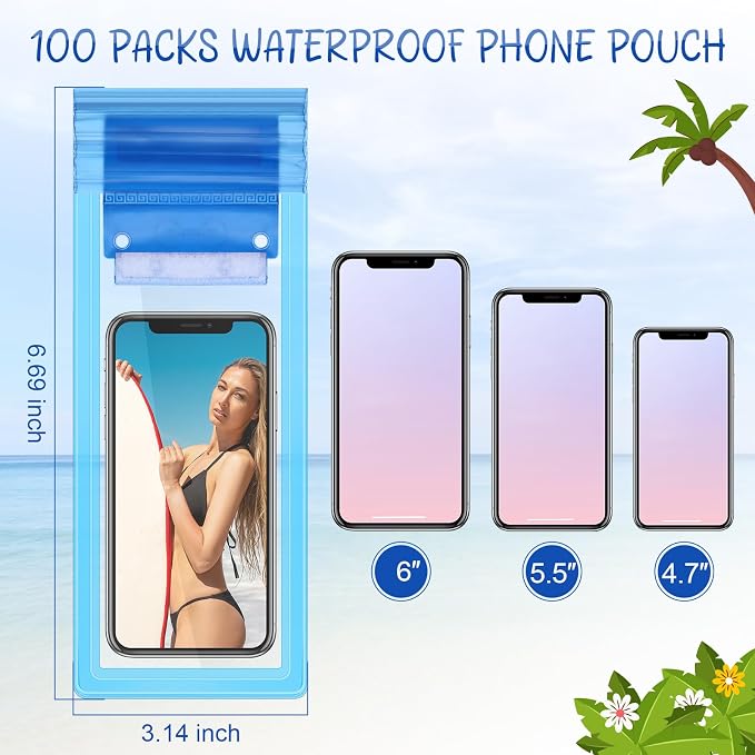 Soaoo 100 Pcs Universal Waterproof Phone Pouch Waterproof Phone Case Dry Bag with Lanyard Cellphone Dry Bag for Beach Swimming Travel Multicolor
