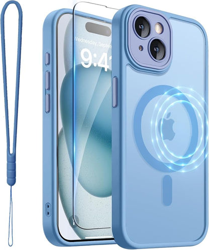 ROYBENS for iPhone 15 Matte Clear Case Compatible with Magsafe, Full Camera Lens Protection, Screen Protector, Wrist Strap, Translucent Magnetic Slim Hard Protective Phone Cover,6.1-Inch, Blue