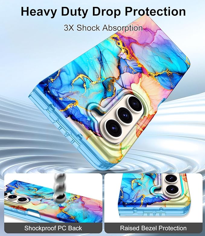 Btscase for Samsung Galaxy Z Fold 5 Case,Built in Front Screen Protector,Gold Glitter Marble Pattern Hard PC Slim Shockproof Full Body Drop Protective Case for Galaxy Z Fold 5 5G, Bright Blue