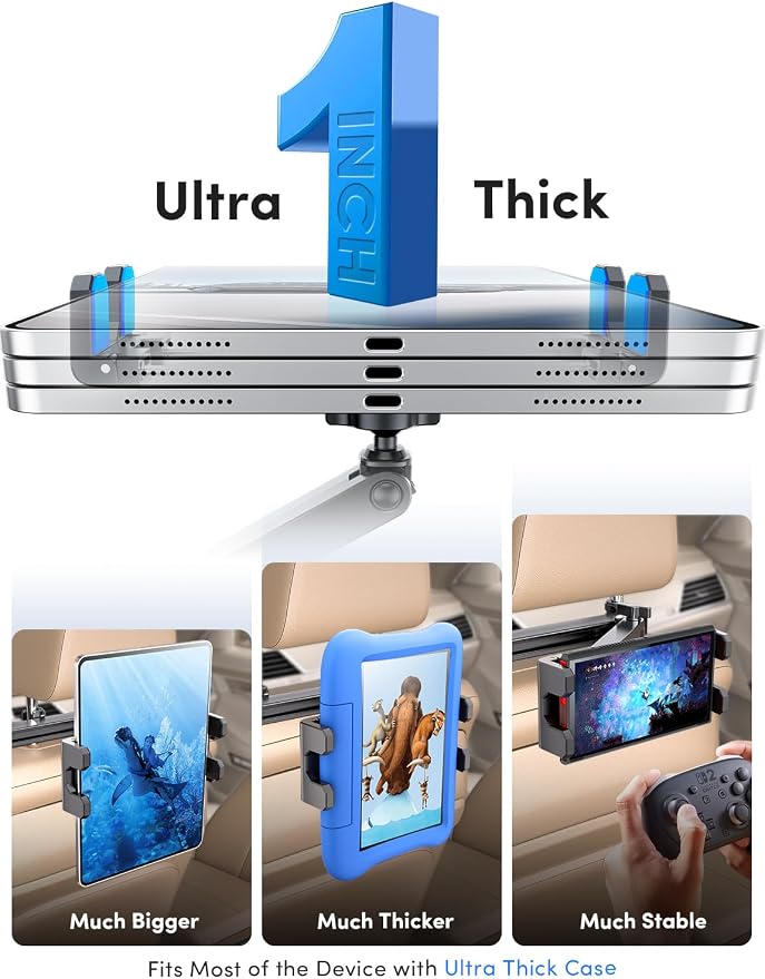 ELWEY iPad Holder for Car Backseat, Headrest Tablet Holder for Car Back Seat, [3 in 1 Extension Arm] Adjustable iPad Car Mount for Kids, for 4.7-13" Device Like iPad Pro, Air, Mini, Galaxy, Fire HD