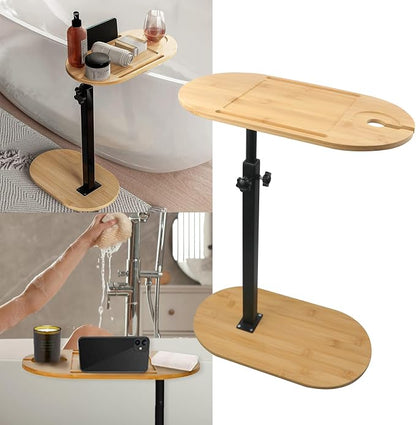 Natural Bamboo Bathtub Tray Caddy Stand - 0.47in Thick Adjustable Height Bath Table with Wine Glass Holder, Expandable Freestanding Design for Spa Relaxation, Bathing & Reading