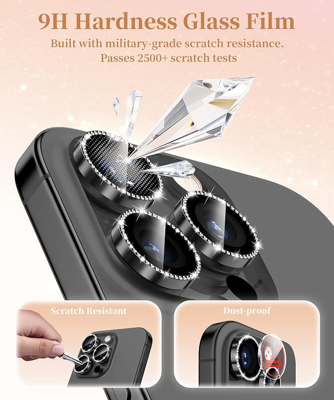 GolbinBox Camera Lens Protector for iPhone 17 Pro Max/17 Pro/16 Pro Max/16 Pro, 1:1 Invisible Fit, 9H Tempered Glass Ultra HD Metal Individual Camera Cover for Women, Case Friendly,Bling/Black