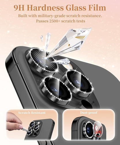 GolbinBox Camera Lens Protector for iPhone 17 Pro Max/17 Pro/16 Pro Max/16 Pro, 1:1 Invisible Fit, 9H Tempered Glass Ultra HD Metal Individual Camera Cover for Women, Case Friendly,Bling/Black