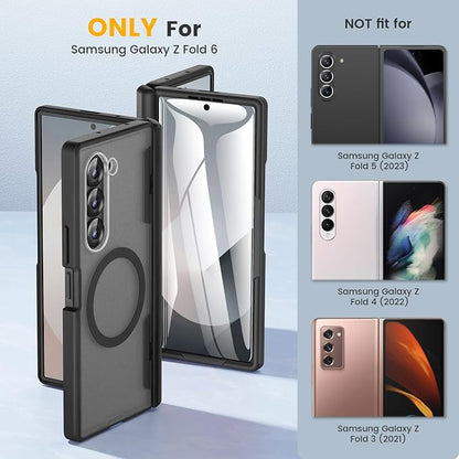 Caka Magnetic for Samsung Galaxy Z Fold 6 Case with Hinge Protection Black | Compatible with MagSafe, Built-in Outer Screen Protector, Hinge Guard, Translucent Matte Back, 360° Hybrid Drop Defense
