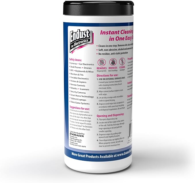 Endust Antistatic Premoistened Wipes for Electronics, Cloth, 6 x 6, Unscented, 70/Tub