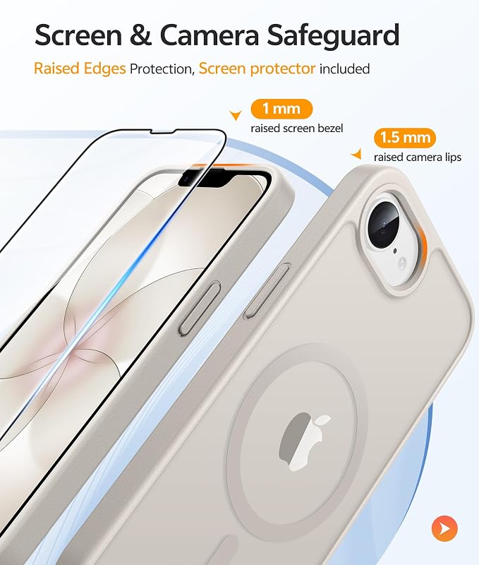 FNTCASE for iPhone 17e/ iPhone 16e Case, Fit for Magsafe, Screen Protector | Translucent Matte Magnetic Back, 14FT Military Grade Drop Protection, Shockproof Protective Phone Cover, Off White