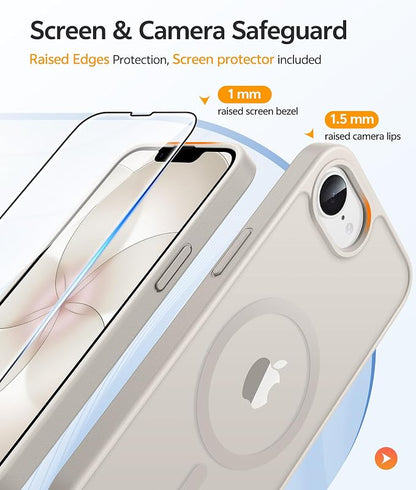 FNTCASE for iPhone 17e/ iPhone 16e Case, Fit for Magsafe, Screen Protector | Translucent Matte Magnetic Back, 14FT Military Grade Drop Protection, Shockproof Protective Phone Cover, Off White