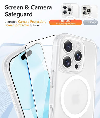 FNTCASE for iPhone 16 Pro Max Case: [Compatible with Magsafe] Translucent Matte Cases with [Full Camera Protection] [Screen Protector] Military Grade Shockproof Protective Phone Cover - White
