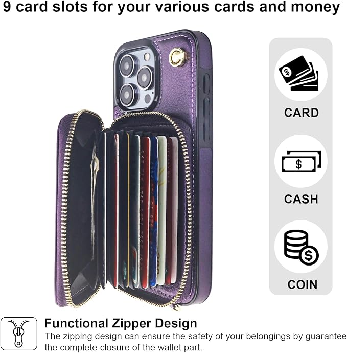 Bocasal Crossbody Wallet Case for iPhone 15 Pro Max, RFID Blocking Leather Purse Case with Card Holder, Protective Handbag Flip Cover with Zipper Wrist Strap Lanyard for Women 6.7 Inch (Dark Purple)