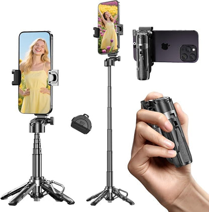 Selfie Sticks for iPhone, 4-in-1 Multi-Functional Phone Tripod with Remote Control, Pocket-Sized Mini Selfie Stick, Suitable for Photography, Live Streaming, Outdoor Travel Essentials