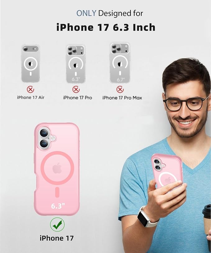 Compatible with iPhone 17 Case Pink, Built-in Screen Protector, [Compatible with MagSafe] Full Body Rugged Phone Case, Shockproof Protective Magnetic Cover for iphone17 6.3" (Pink)