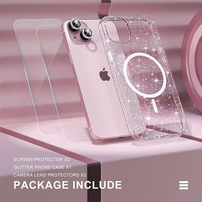 Choiche Compatible for iPhone 15 Case Magnetic, Women Clear Glitter Bling Sparkly Case, [2xDiamond Camera Lens Protectors] [2xTempered Glass Screen Protectors] [Compatible MagSafe] (Glitter Clear)