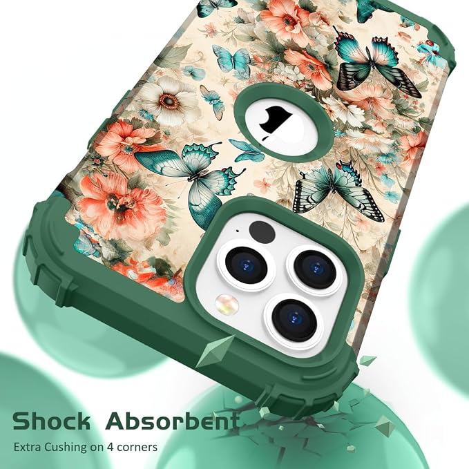 Hocase for iPhone 15 Pro Case, Heavy Duty Shockproof Protection Soft Silicone Rubber Bumper+Hard Plastic Hybrid Protective Case for iPhone 15 Pro 6.1" 2023 - Teal Green Butterflies