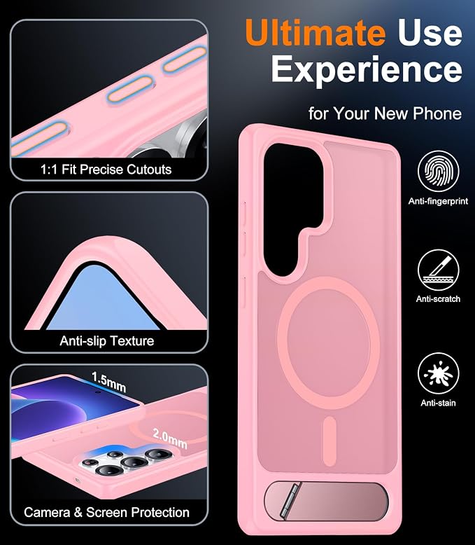 Magnetic for Samsung Galaxy S25 Ultra Case, [Innovate Stand][Military Grade Drop Protection][Non Slip][Translucent Matte] Shockproof Phone Case for Galaxy S25 Ultra 6.9" 2025 -Pink