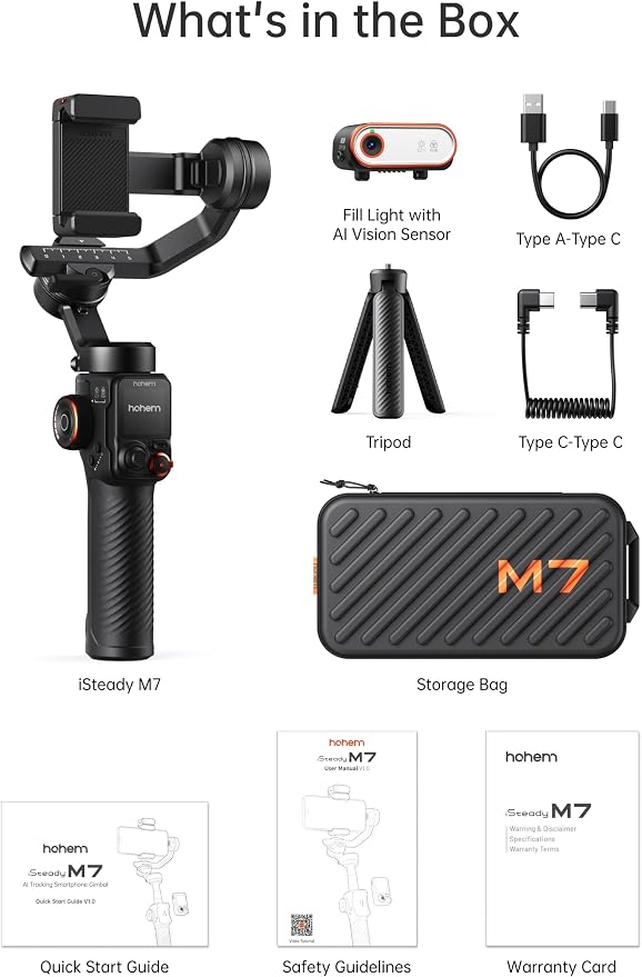 Hohem iSteady M7 Smartphone Gimbal Stabilizer, AI Tracking Sensor with Fill Light, 1.4" Full Color Detachable Touchscreen Remote Control, Built-in Extension Rod, 3-axis Phone Gimbal for iPhone Android