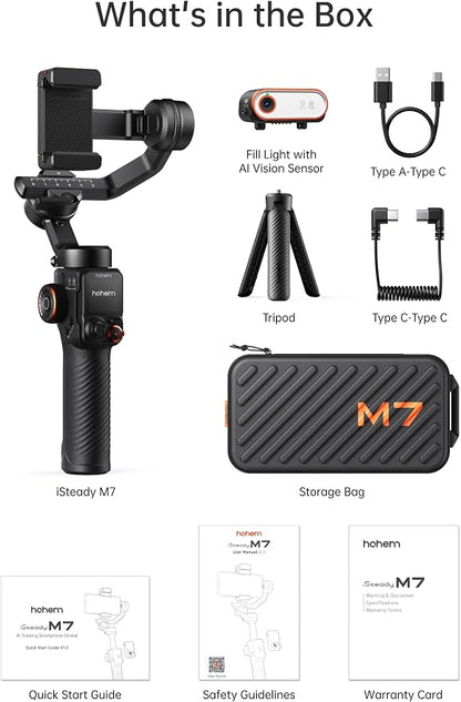 Hohem iSteady M7 Smartphone Gimbal Stabilizer, AI Tracking Sensor with Fill Light, 1.4" Full Color Detachable Touchscreen Remote Control, Built-in Extension Rod, 3-axis Phone Gimbal for iPhone Android