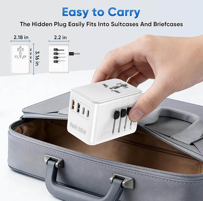 Universal Power Adapter Travel - European Travel Plug Adapter with 3 USB-C PD Fast Charging & 2 USB-A, 1 AC, Worldwide Travel Essentials, International Plug Adapter for UK/US/AU/ID, White