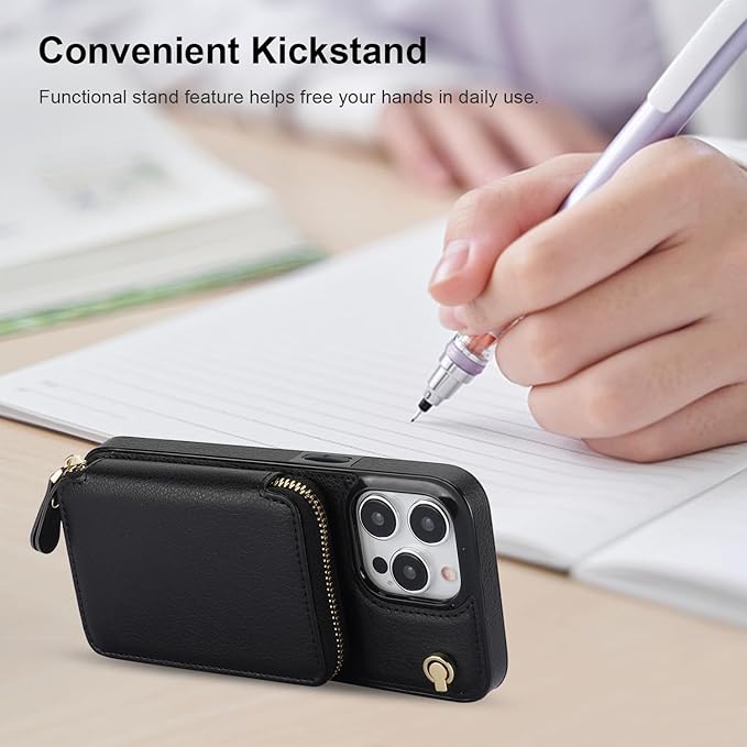 Bocasal Crossbody Wallet Case for iPhone 15 Pro Max, RFID Blocking Leather Purse Case with Card Holder, Protective Handbag Flip Cover with Zipper Wrist Strap Lanyard for Women 5G 6.7 Inch (Black)