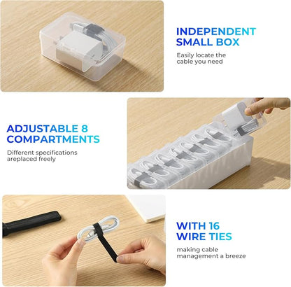 Large Cable Organizer Box with 8 Clear Switch Case, 1 Pack Clear Phone Charger Cable Organizer Box for Home Office Desk Accessories Wire Organization Stationery Supplies (white)