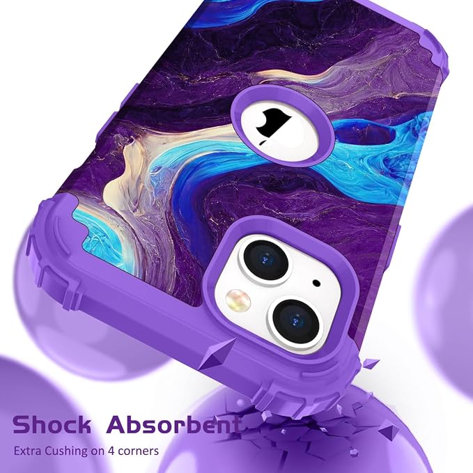 Hocase for iPhone 14 Plus Case, Heavy Duty Shockproof Protection Soft Silicone Rubber+Hard Plastic Bumpers Hybrid Protective Case for iPhone 14 Plus 6.7" 2022 - Blue Purple Marble